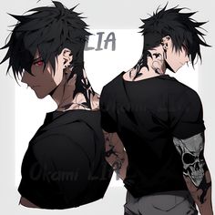 an anime character with black hair and tattoos