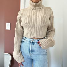 Cropped Turtle Neck Sweater, Knit, Shein Never Worn!! Fitted Neutral Knit Top For Fall, Chic Cropped Beige Sweater, Beige Cropped Sweater For Fall, Beige Pointelle Knit Tops For Winter, Chic Beige Cropped Sweater, Beige Turtleneck Cropped Sweater, Trendy Beige Pointelle Knit Sweater, Neutral Knit Top For Winter, Beige Chunky Knit Turtleneck Top