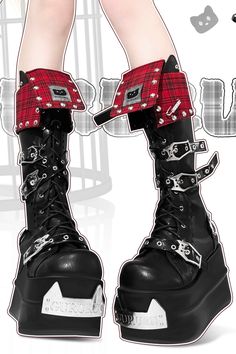 ❤︎ Punk Lock Check Sub Calmi Daym Boots❤︎ Black Punk Mid-calf Boots For Alternative Fashion, Punk Style Mid-calf Boots With Buckle For Winter, Ankle-high Platform Boots With Buckle Punk Style, Knight Fashion, Punk High-top Platform Boots With Zipper Closure, Original Y2k, Black Punk Mid-calf Boots With Buckle Closure, Girl Boots, Retro Girl