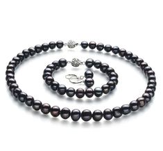 8-9mm A Quality Freshwater Cultured Pearl Set in Kaitlyn Black Pet Memorial Necklace, Black Freshwater Pearls, Cuff Bracelets Handmade, Urn Jewelry, Urn Necklaces, Cultured Pearl Necklace, Pearl Set, Freshwater Cultured Pearls, Bangles Jewelry