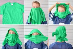 several pictures of a child wearing a green scarf