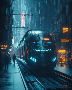 a train traveling down tracks next to tall buildings in a city at night with people walking on the sidewalk