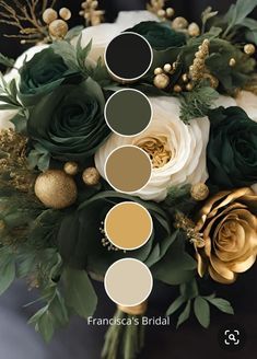 a wedding bouquet with roses and greenery is shown in shades of green, gold, and white