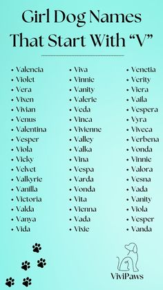 the girl dog names that start with v are shown in black on a blue background