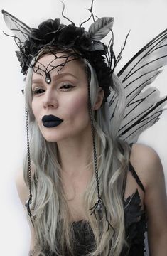 Scary Fairy Costume Halloween, Midnight Fairy Costume, Bone Fairy Costume, Dark Fairy Headpiece, Halloween Makeup Fairy Dark, Skeleton Fairy Costume, Demon Fairy Costume, Black Fairy Costume Ideas