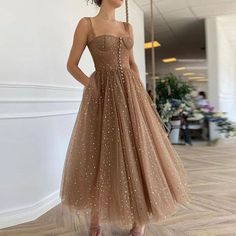 Tea Length Prom Dress, Spaghetti Strap Prom Dress, Beaded Tulle, Tulle Ball Gown, Prom Dresses Online, Tulle Prom Dress, Dress Spaghetti, Homecoming Dresses Short, Brown Dress