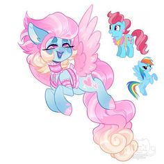 the pinkie pony is flying through the air with other ponies around her neck