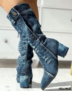 Olivia Mark - Side Zipper Chunky Denim Boots Denim Shoes Outfit, Blue Outfits, Denim Pattern, Denim Boots, Chic Type, Denim Patterns, Zipper Boots, Denim Shoes, Pointed Toe Heels