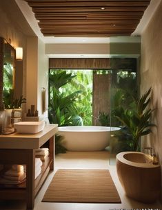 a bath room with a tub a sink and a window