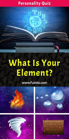 what is your element? quiz game with an open book and fire in the background