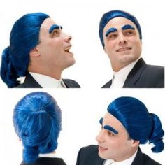 four different shots of a man with blue hair