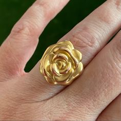 a woman's hand with a gold rose ring on it