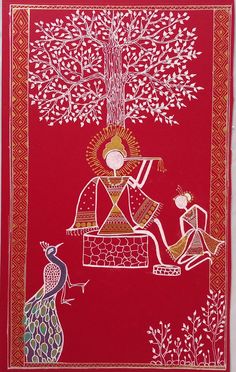 Warli Art Radha Krishna portrait Dispatched with Royal Mail     Dimensions :40 c.m height 25 c.m. width Product type : Warli art  Primary art Material : card board (red background) Numbers of item included : 1  Region : Asia  Frame : Without Frame  Completion time : 9 Hours  Handmade.  Warli paintingis a form of tribal art mostly created by the tribal people from the North Sahyadri Rangein Maharashtra, South gujarat ,India.  This range encompasses cities such as Dahanu,Talasari,Jawhar,Palghar,Mo Radha Krishna Portrait, Warli Art Painting, Krishna Portrait, Krishna Playing Flute, Playing Flute