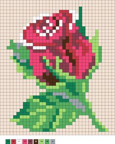 a cross stitch pattern with pink flowers on the side and green leaves in the middle