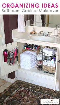 the bathroom cabinet is organized with towels and other items for storage in it's drawers