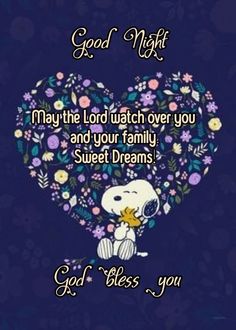 a snoopy heart with the words, good night may the lord watch over you and your family sweet dreams