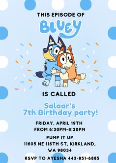 an image of a birthday party with cartoon characters on it's blue and white background