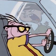 a cartoon character driving a car with an angry look on his face