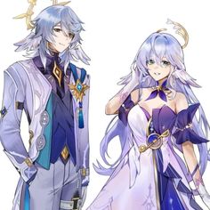 two anime characters dressed in costume and standing next to each other, one with long white hair