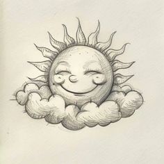 a drawing of a smiling sun with clouds in the foreground and one eye closed