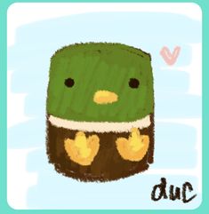 a drawing of a green and brown hat with hearts on it's chest, which says due