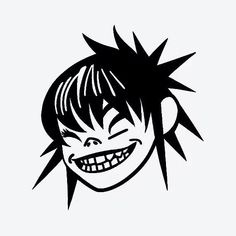 a black and white drawing of a boy with spiked hair smiling at the camera,