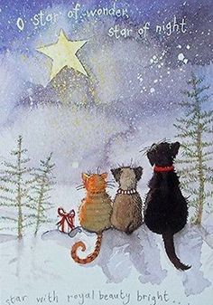 two cats and a dog are sitting in the snow with a star on top of it