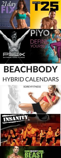 the beach body calendar is shown in three different colors and font styles, including one for each