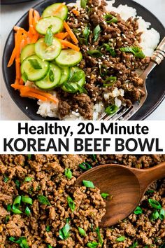 two pictures showing different types of korean beef bowls with rice and cucumbers in them