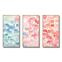 three watercolor paintings with pink and blue flowers