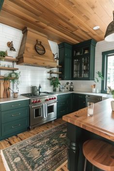 Kitchens With Green Cabinets, Green And Wood Kitchen, Green Cabinets Kitchen, Natural Wood Kitchen, Sage Green Kitchen, Teal Kitchen, Lake House Kitchen, Barn Kitchen, Rustic Kitchen Cabinets