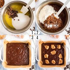 three pictures showing how to make brownies in the same pan and then adding chocolate