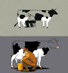 a man is milking a cow in the middle of two different color images, one black and white