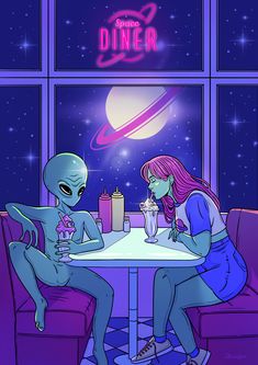 Metal poster of an alien couple eating at the Diner Alien Couple, Arte Alien, Artsy Photos, Dope Cartoon Art, Desert Art, Dark Art Illustrations, Soul Art