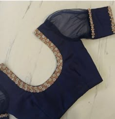 Simple Dark Blue Blouse With Beads Work and Organza Sleeves | Etsy India Blouse With Beads, Casual Blouse Designs, Dark Blue Blouse, New Saree Blouse Designs, Traditional Blouse Designs, Latest Model Blouse Designs, Fashionable Saree Blouse Designs, Blouse Design Images