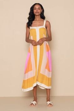 The O'Neill Miranda White Multi Geometric Print Midi Dress is your ticket to fun in the sun! This light and breezy, crepe woven midi dress features a colorful geometric print, in shades of white, yellow, orange and pink, as it cascades from tank straps (with a racerback design) into a relaxed, wide-cut silhouette with a midi hem and side slits. Metal logo tag at back. Fit: This garment fits true to size. Length: Mid-calf length. Size medium measures 45" from top to bottom. Bust: Great for any cup size. Waist: Not Fitted - comfortable room throughout midsection. Hip: Not Fitted - room for hips. Undergarments: May be worn with an adhesive bra, petals, or no bra. Fabric: Fabric has no stretch. Unlined. 100% Viscose. Machine Wash Cold Separately. With Mild Detergent. Gentle Cycle. Use Only Non Navy Closet, Portugal Honeymoon, Bahamas Trip, Bad Dresses, Colorful Geometric Pattern, Color Block Pattern, Casual Formal Dresses, House Wife, Comfy Chic