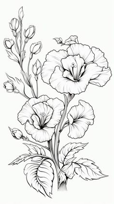 a drawing of flowers with leaves on the stems and in the middle, black and white