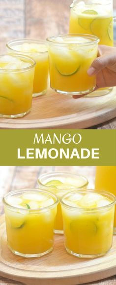 mango lemonade is served in small glasses on a wooden platter with the words mango lemonade