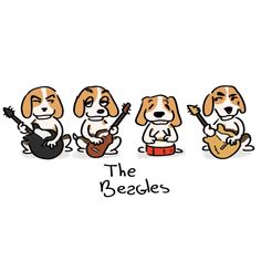 the beagles are playing their instruments and sitting in a row, with one dog holding a guitar