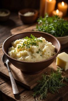 mashed potatoes with herbs and butter in a bowl on a cutting board next to candles