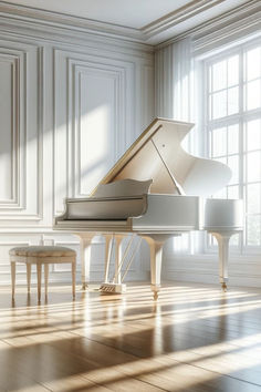 A sun-drenched piano room with towering windows, featuring a pristine white grand piano on rich wooden floors, epitomizing dream home elegance. Grand Piano Interior Design, Grand Piano Living Room Luxury, White Grand Piano Aesthetic, Small Piano Room Ideas, Piano In House, Grand Piano Aesthetic, Musical Instruments Aesthetic, White Grand Piano, Harp Playing