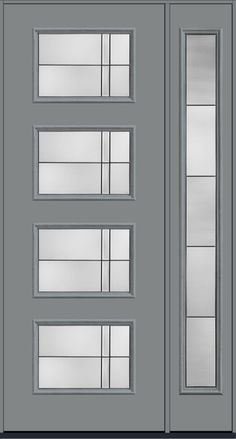 a gray door with glass panels and sidelights