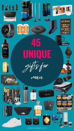 a poster with the words, 45 unique gifts for men in pink and blue colors