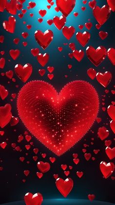 many red hearts floating in the air on a dark blue background with lights and sparkles