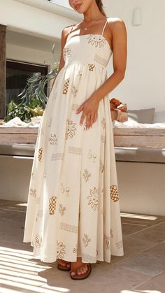 Embrace the allure of the Sun-Kissed Charm Maxi Dress. Featuring delicate straps, a shirred back, and an elegant cut-out, perfect for any occasion. Tropical White Dress, European Summer Outfits 2025, What To Wear In Greece Summer, Cottage Dresses, Italy Street Style, Sun Clothes, Casual Dresses For Summer, Sundress Aesthetic, Casual Floral Dresses