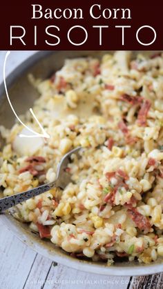 bacon corn risotto in a pan with a spoon