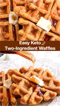 waffles are being drizzled with syrup and butter