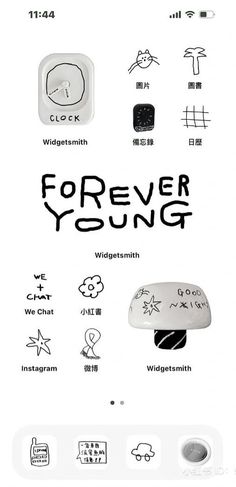 an advertisement for forever young written in black and white with various symbols on the front