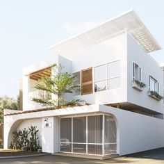 an artist's rendering of a modern house with trees and plants on the balcony