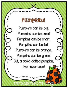 a pumpkin poem with the words pumpkins can be written in black and orange on it